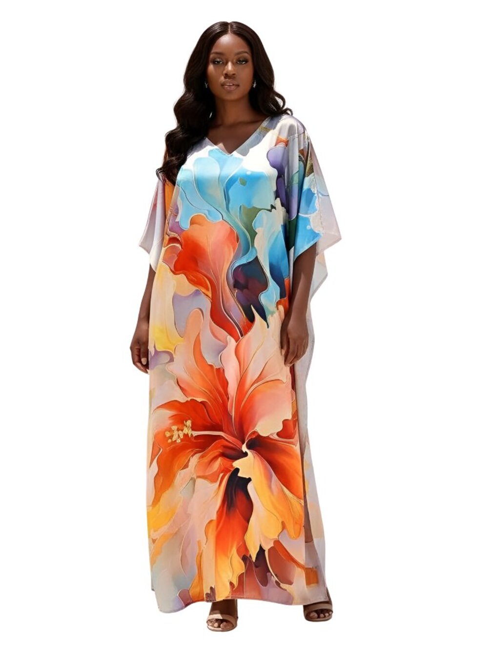 Light Cream Abstract Floral Satin Silk Kaftan | Plus Size Dress for Woman